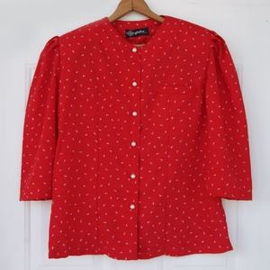 Vintage Red Button Down Top with Pearls